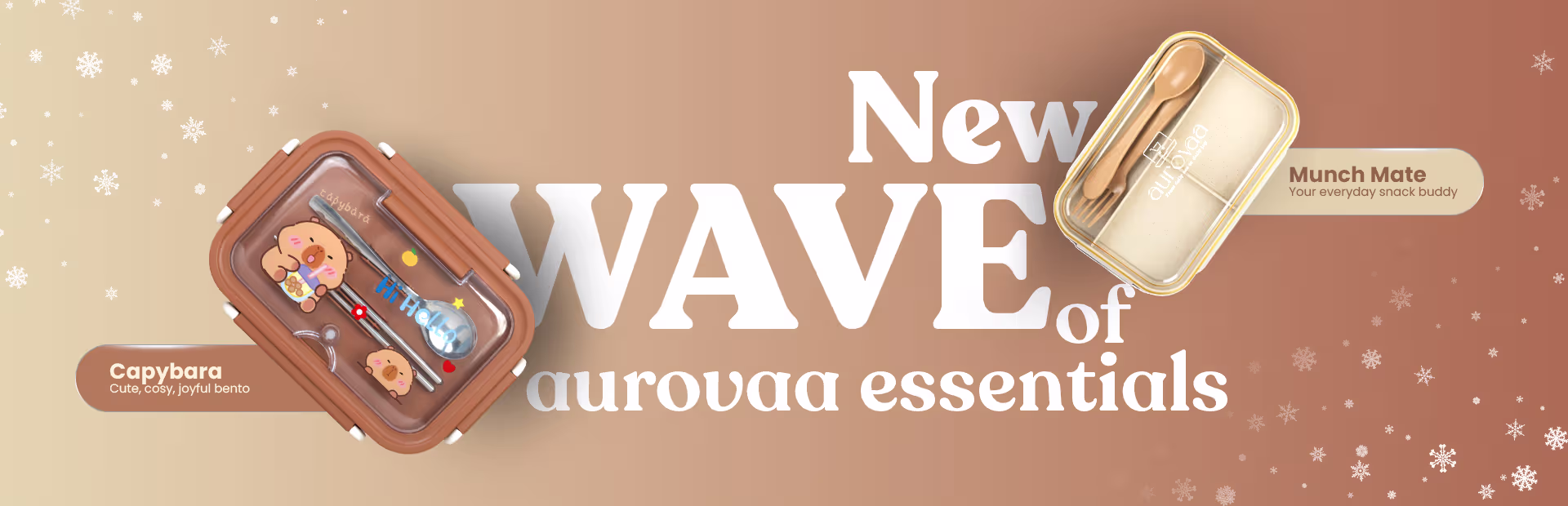Aurovaa bento boxes including Capybara and Munch Mate displayed in a promotional banner