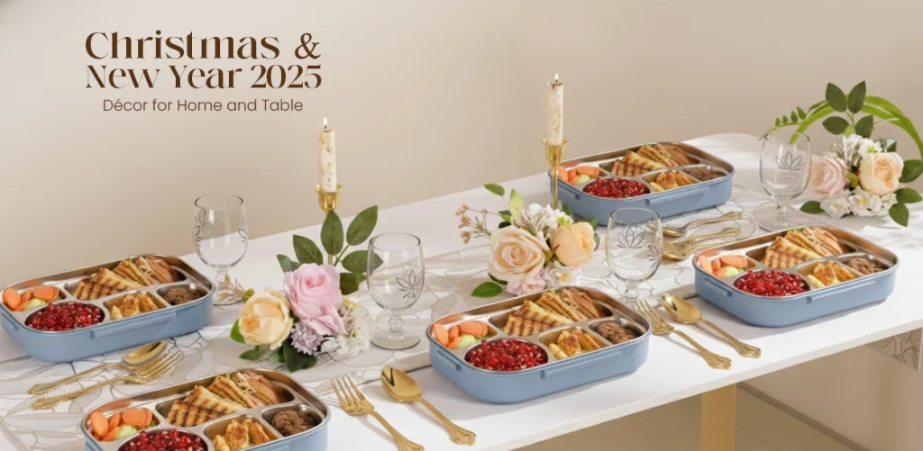 Christmas & New Year 2025 décor table setting with festive serveware