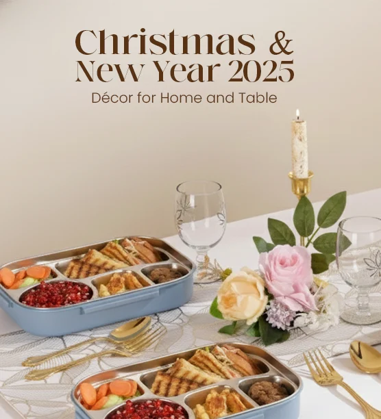 Christmas & New Year 2025 décor table setting with festive serveware